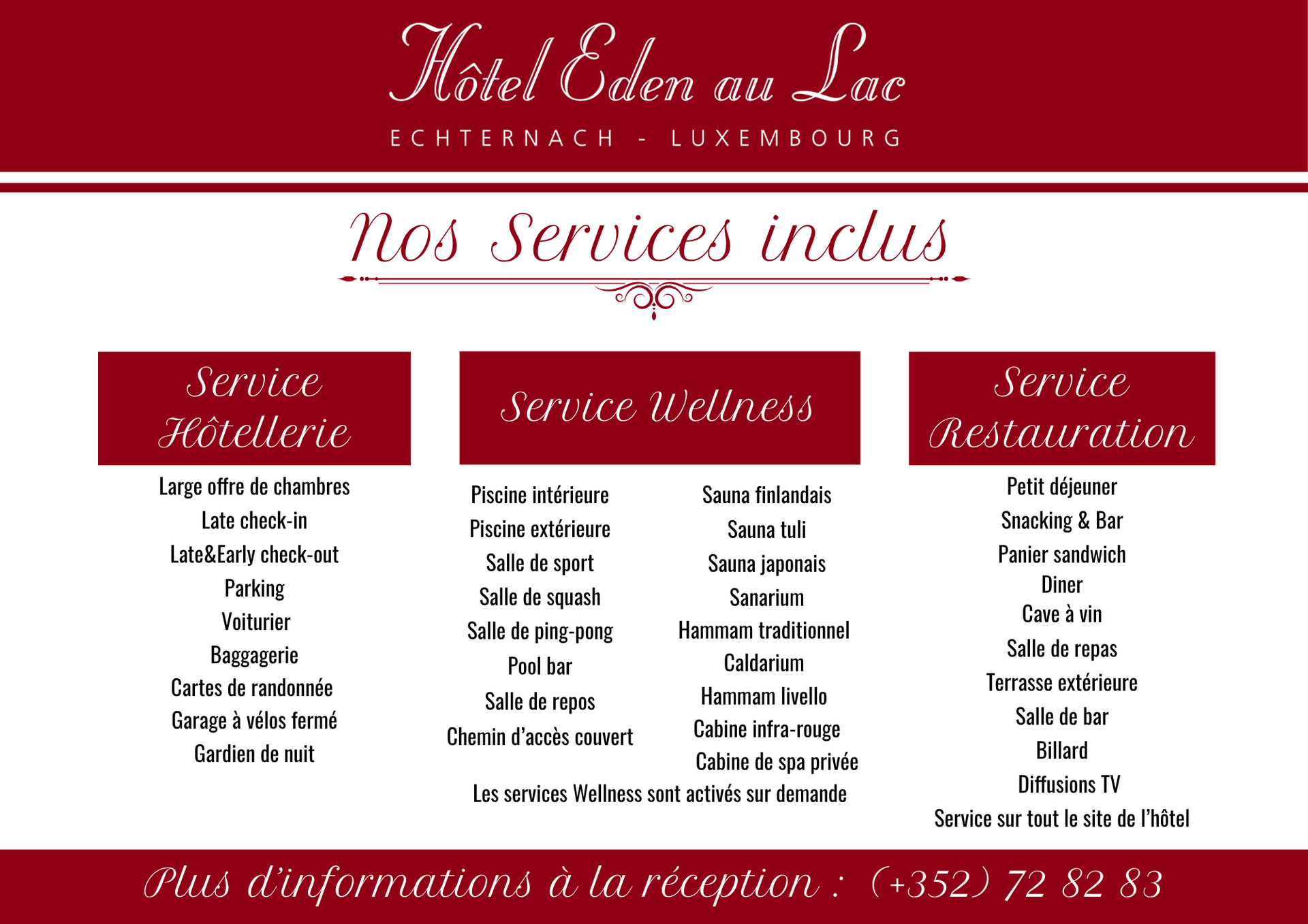 Publicité pour l'Hôtel Eden au Lac à Echternach, Luxembourg, incluant tous les services de l'établissement.