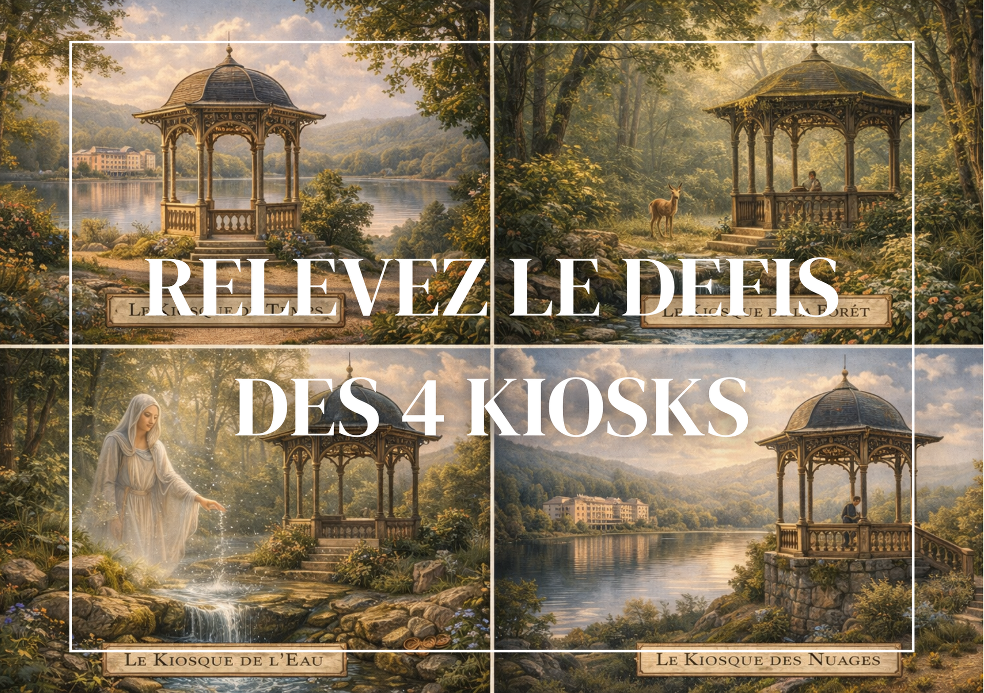 Collage de quatre kiosques ornés dans un parc avec texte français : « Relevez le défi des 4 kiosques »