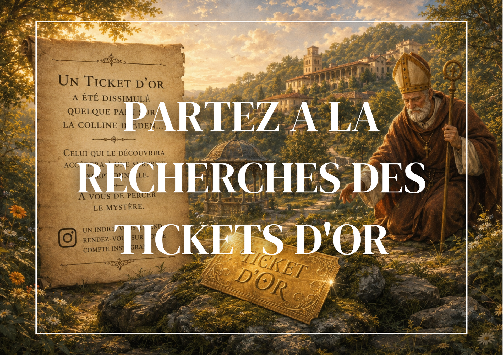 Affiche dorée de chasse au trésor: « Partez à la recherche des tickets d’or » sur fond de forêt et coffre.
