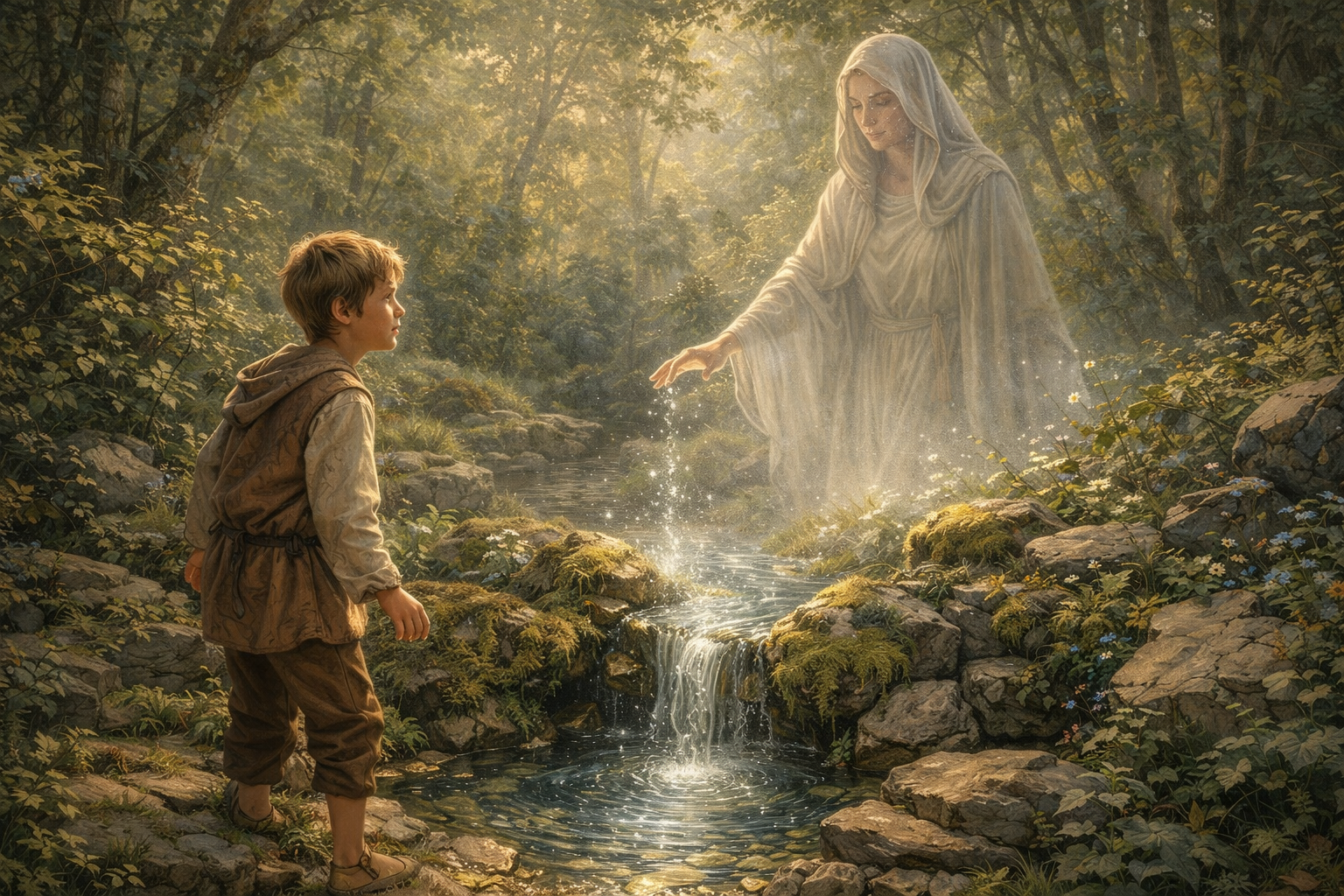 Jeune homme en habits rustiques face à une figure spirituelle lumineuse près d’un ruisseau forestier.