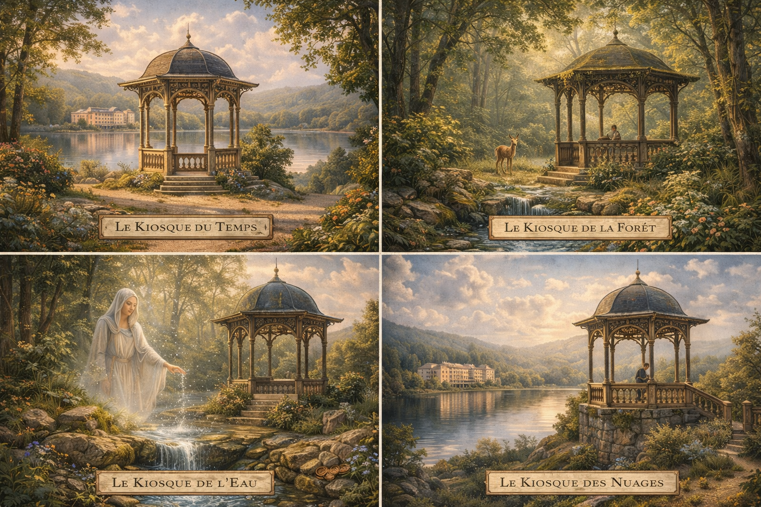 Tableau paysager en 4 panneaux montrant un kiosque dans divers paysages naturels avec légendes.