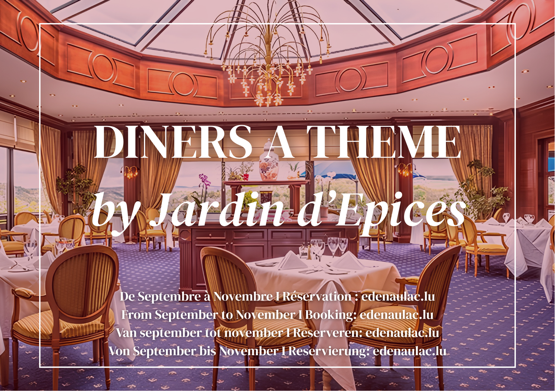 Salle à manger avec décor violet et tables dressées, intitulée « DINERS A THEME par Jardin d'Epices »