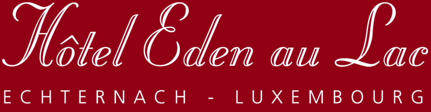 Logo de l'Hôtel Eden au Lac, Echternach, Luxembourg. Texte blanc sur fond rouge.