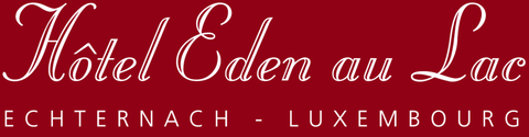 Logo de l'Hôtel Eden au Lac, Echternach, Luxembourg. Texte blanc sur fond rouge.
