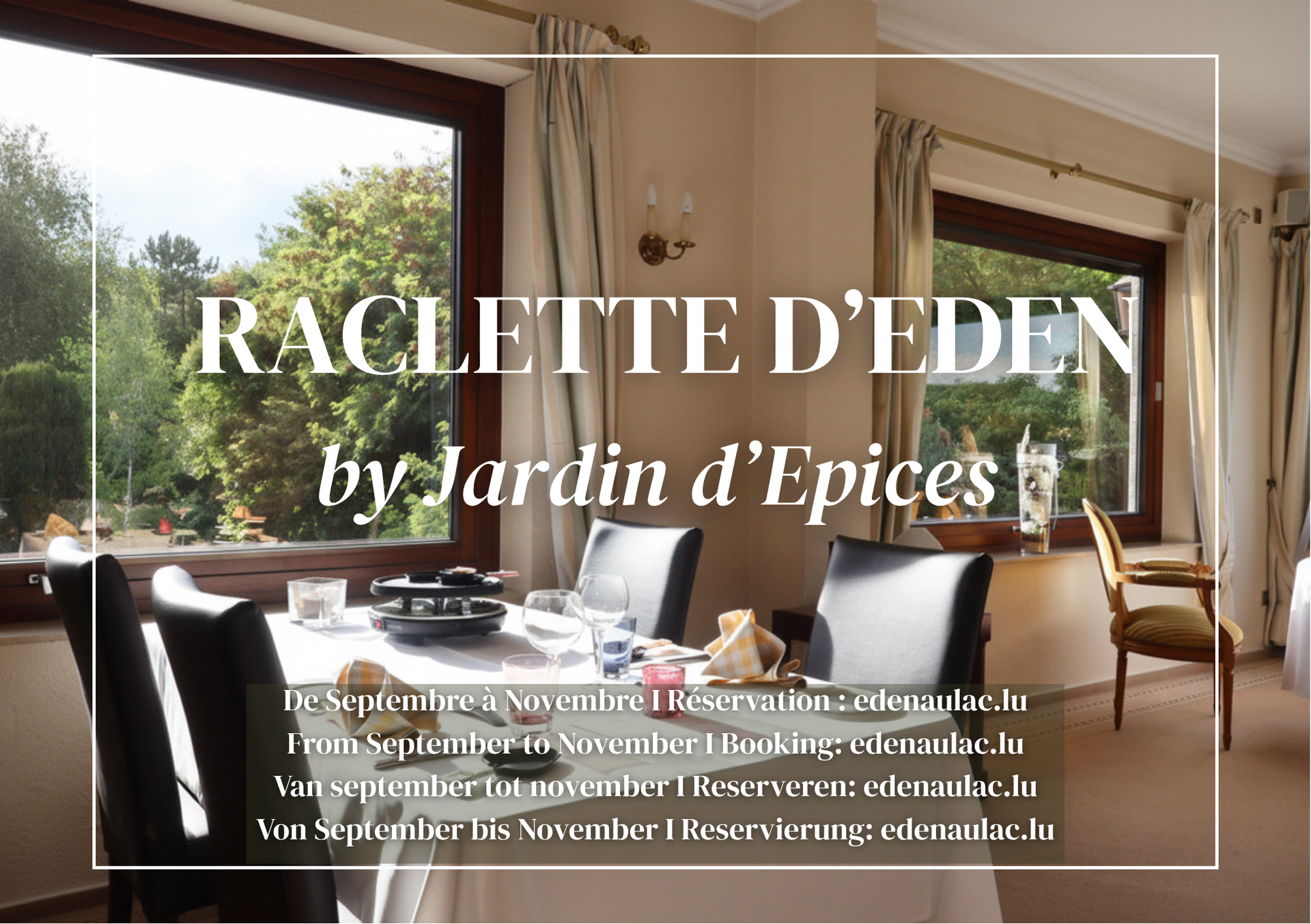 Intérieur de restaurant cosy avec vue sur la fenêtre, faisant la promotion de la « Raclette d'Eden » par Jardin d'Epices.