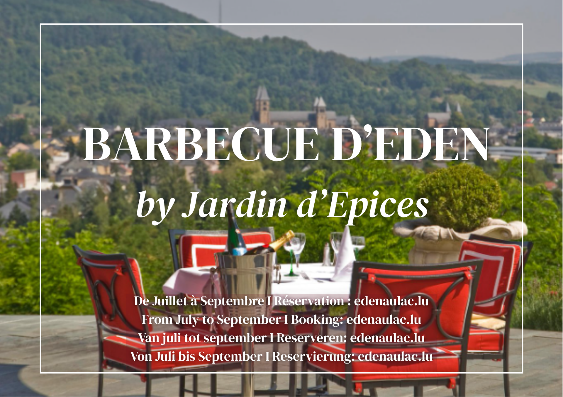 Affiche pour l'événement en plein air « Barbecue d'Eden » organisé par Jardin d'Epices, avec vue sur la montagne.