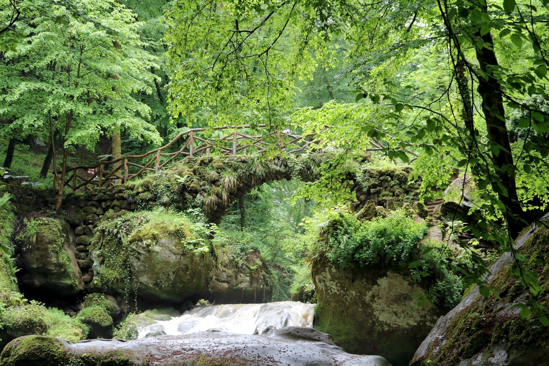 Un pont de pierre sur une cascade dans une forêt verdoyante.