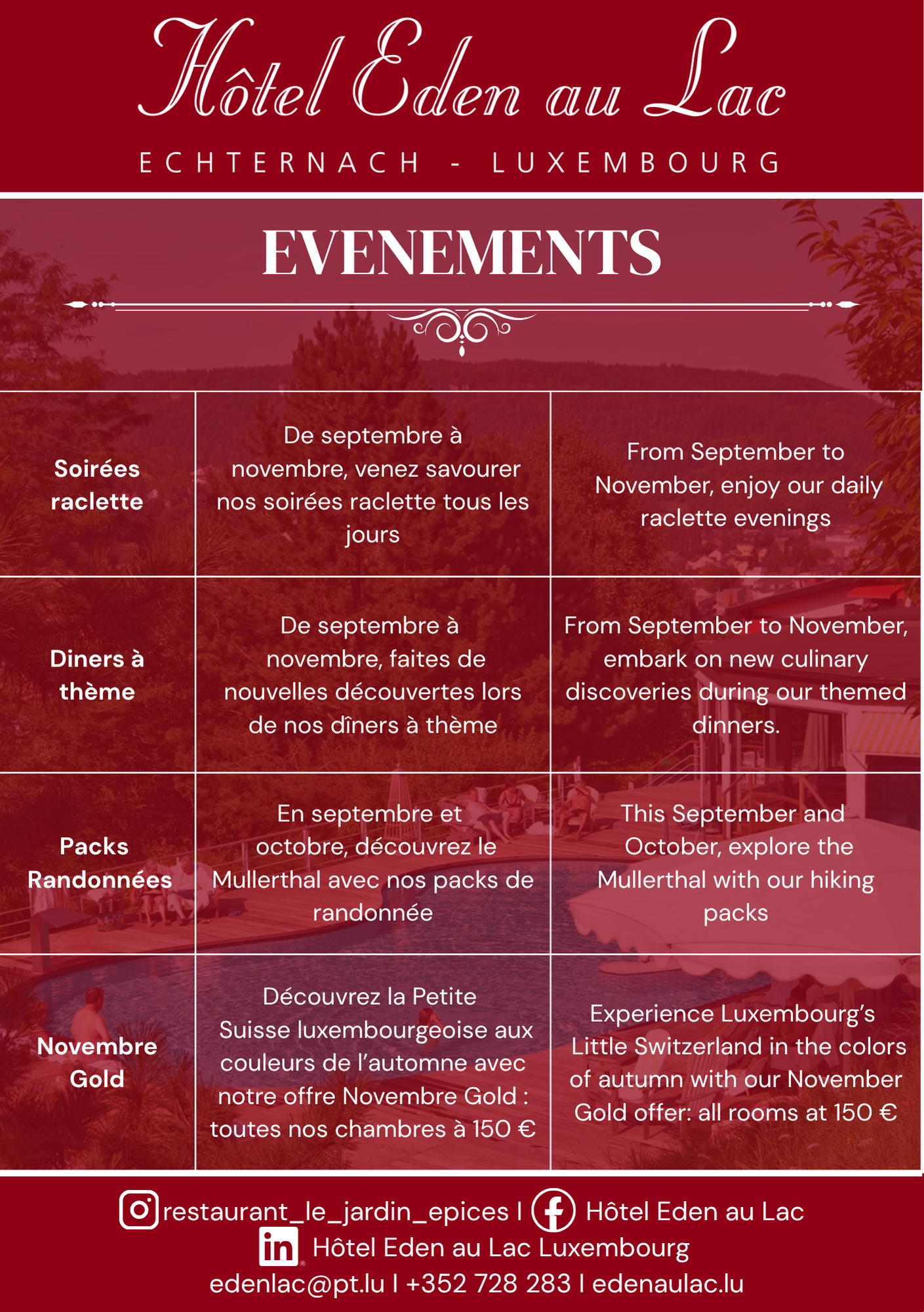 Dépliant rouge de l'hôtel Eden présentant plusieurs formules événementielles.