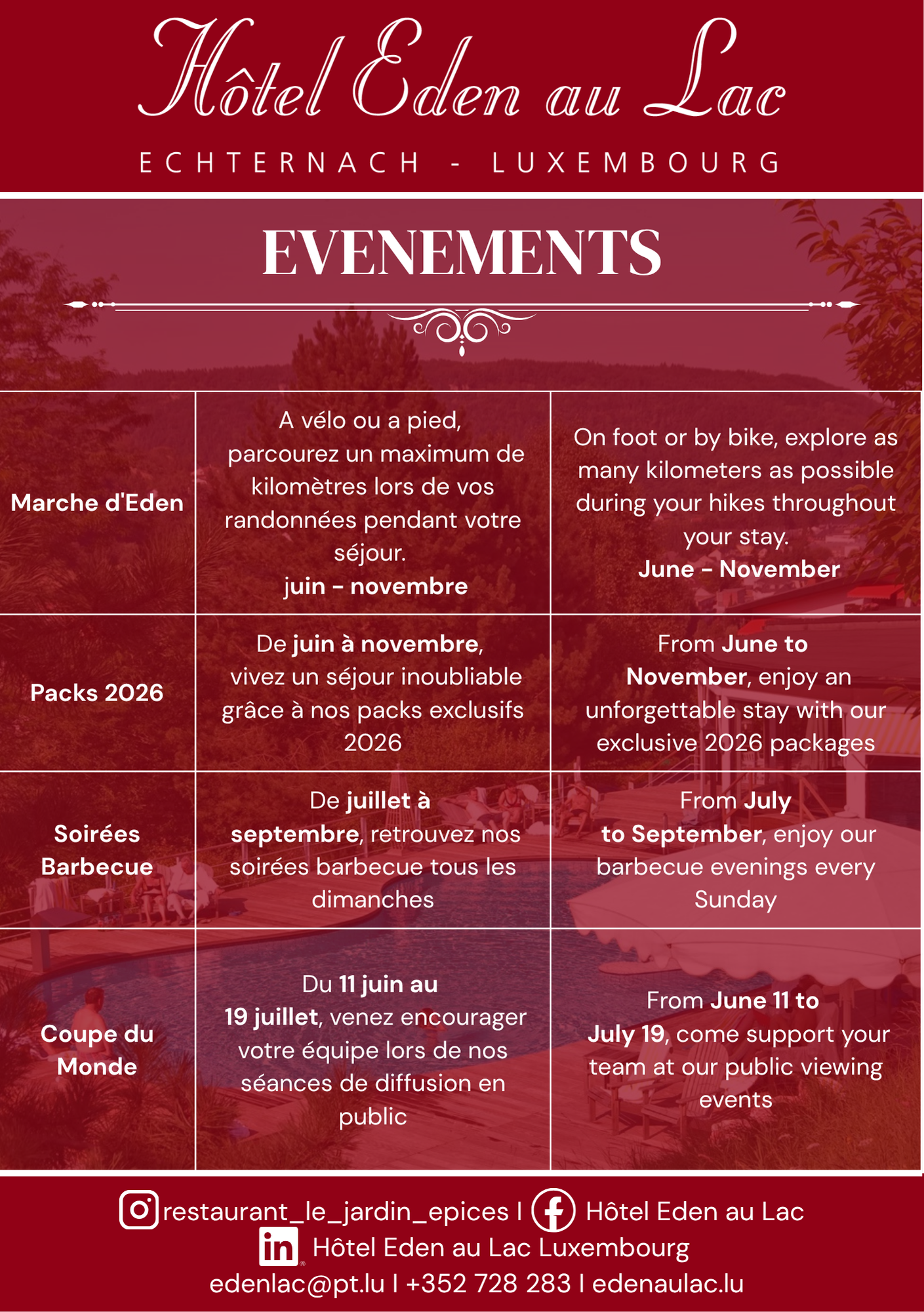 Affiche pour l'hôtel Edena et Loc, listant les événements sur fond rouge avec texte blanc.