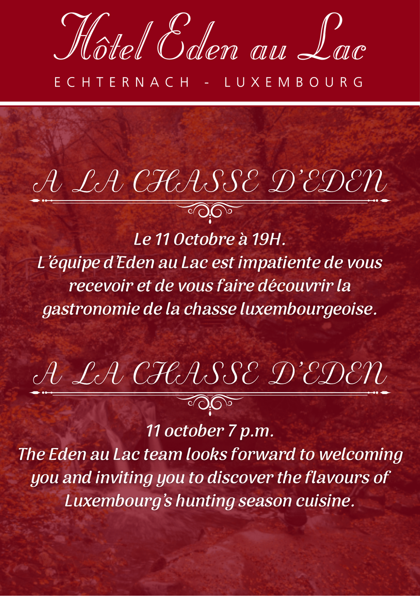 Affiche pour l’hôtel Eden au Lac annonçant un événement gastronomique de chasse le 11 octobre.