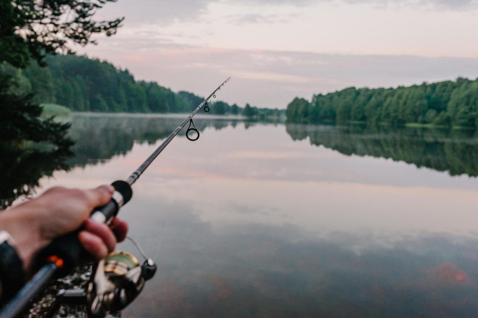 Une main tenant une canne à pêche au-dessus d'un lac calme au crépuscule.