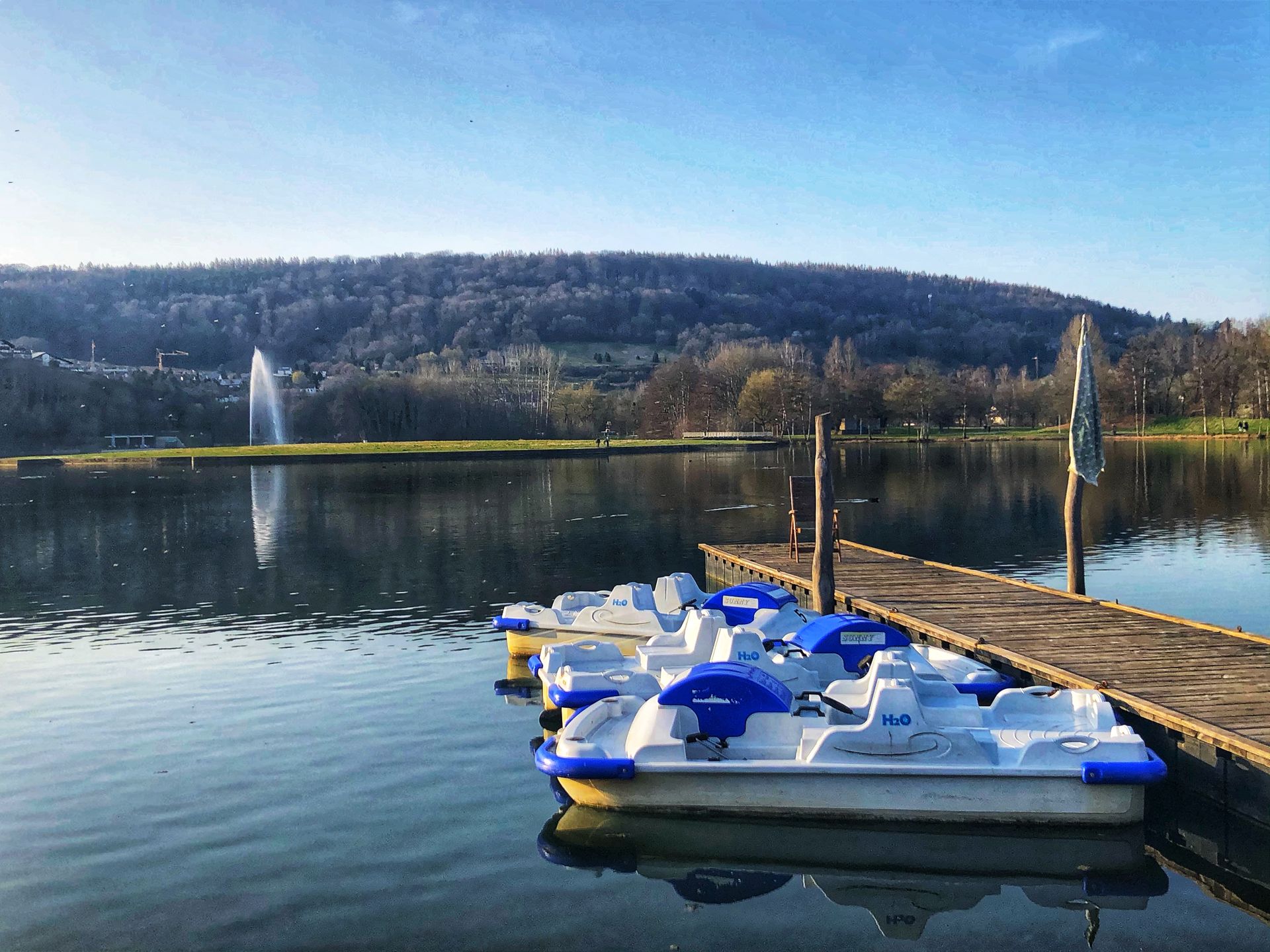 Pédalos amarrés sur un lac avec une fontaine et une colline boisée en arrière-plan.