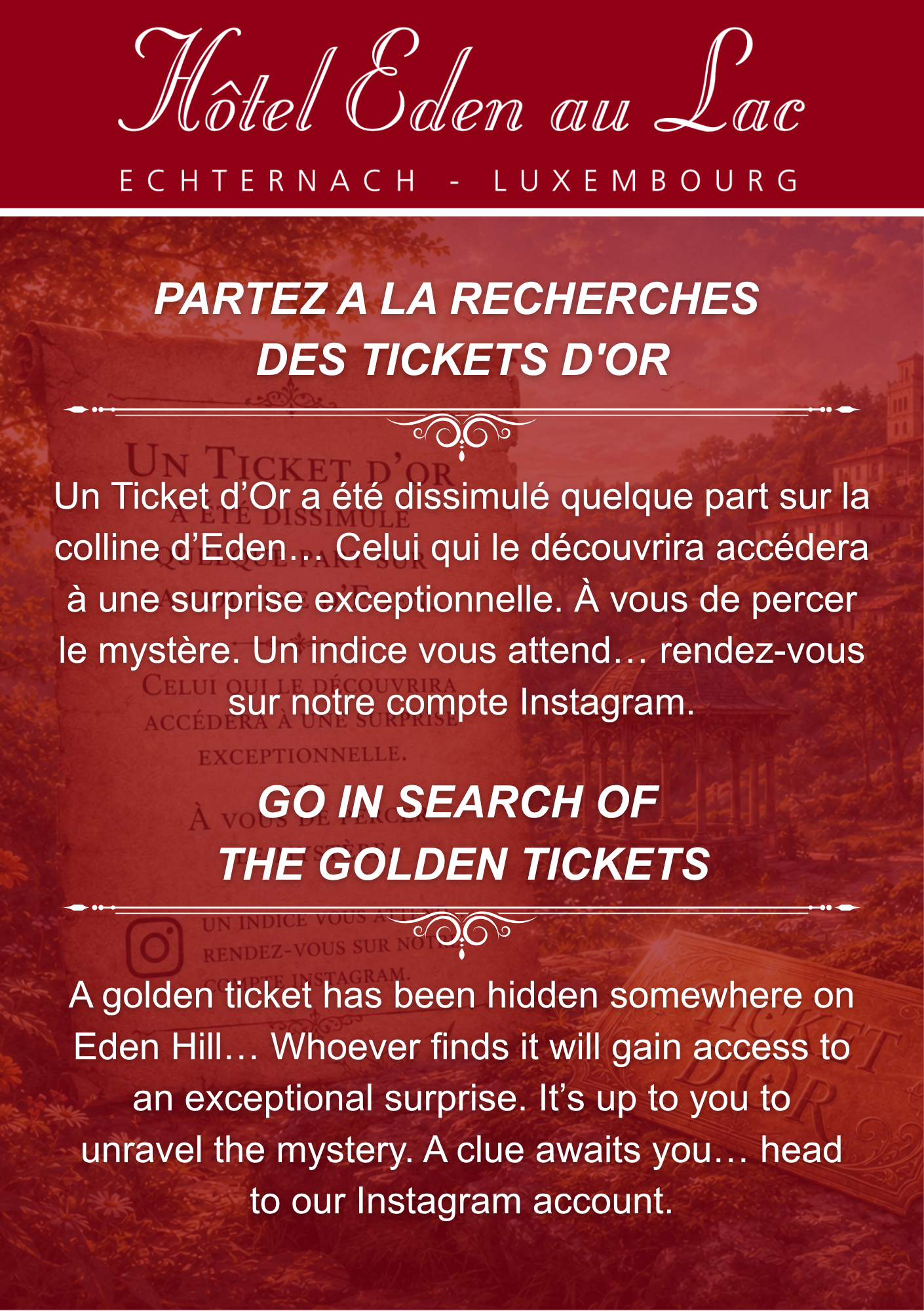 Coucours de l'hôtel Eden au Lac, pour gagner un séjour à l'hôtel avec un ticket d'or.