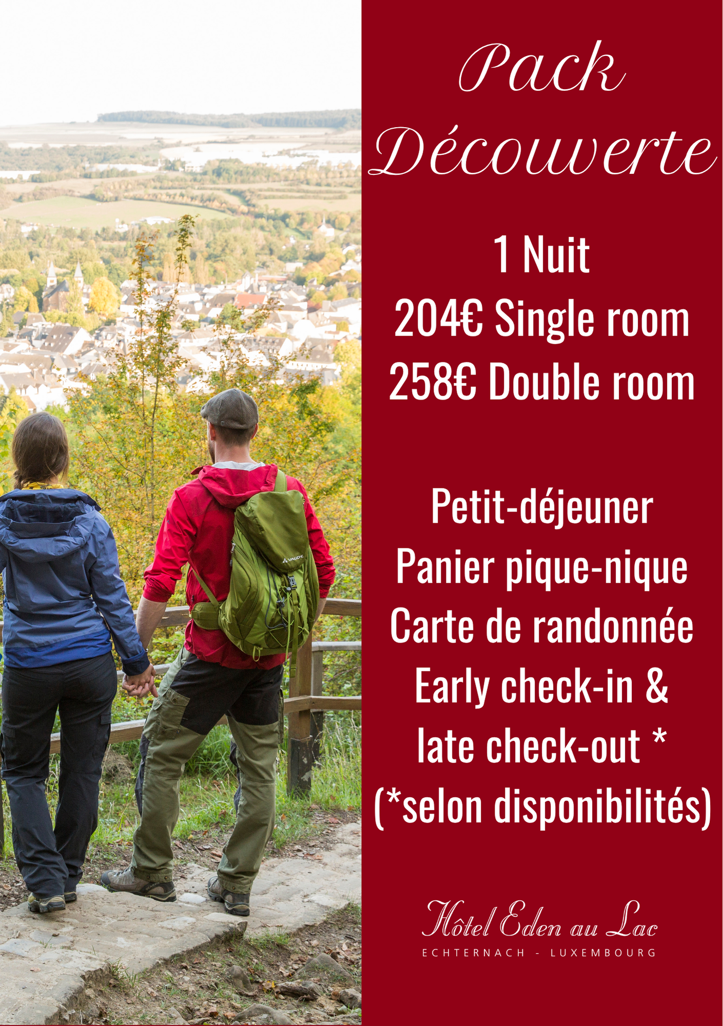 Offre séjour d'une nuit pour les randonneurs comprenant le petit déjeuner, une carte de randonnée et un pagnier sandwich