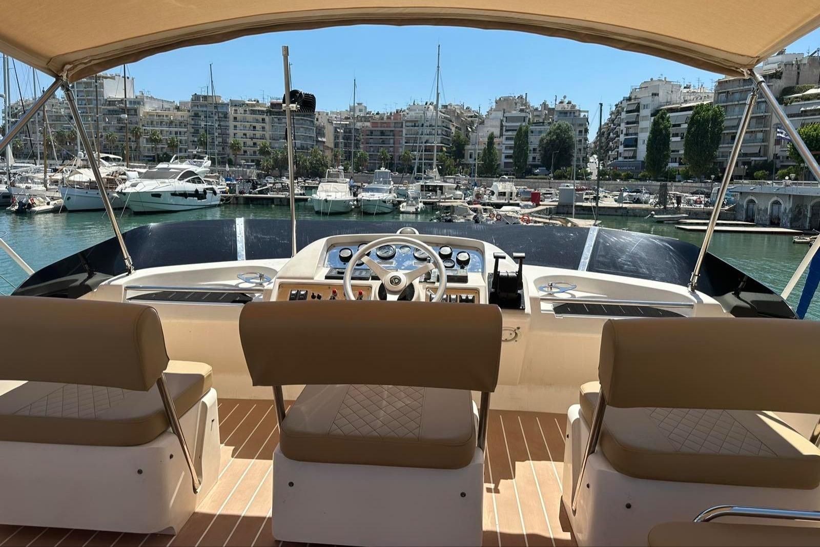 deck and wheelhouse onboard princess yacht 470 in Greece