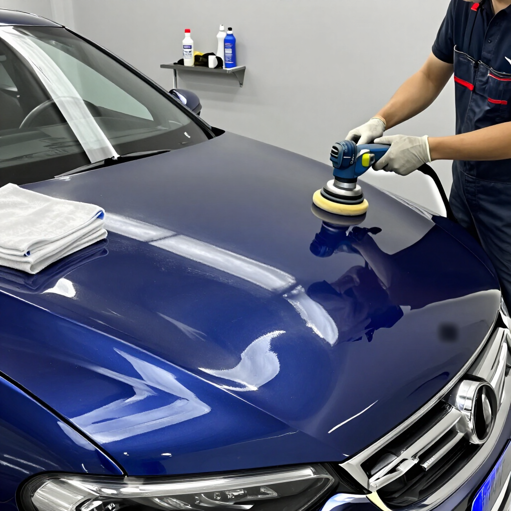 Detailing worker polishing a blue car hood with a buffer in a garage