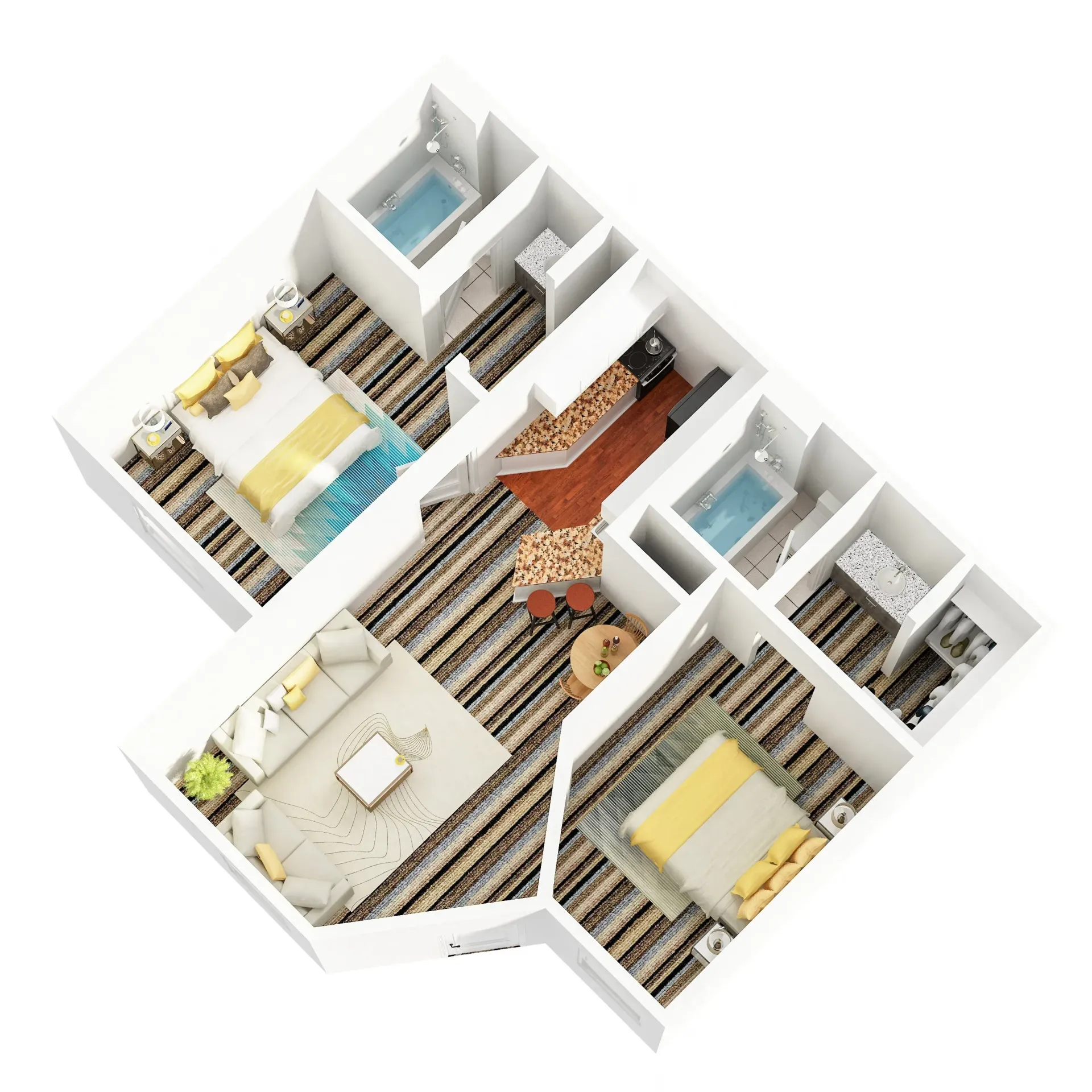 A 3d floor plan of a house with a living room , bedroom , and bathroom.