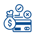 Blue finance icons: credit card, dollar bag, checkmark, and X.