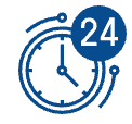 Blue clock icon with a circular arrow and “24” indicating 24-hour time or nonstop service
