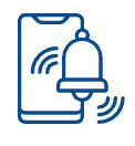 Blue outline of a smartphone with a ringing notification bell icon and signal lines