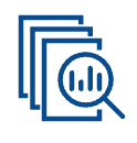 Blue documents with a magnifying glass over a bar chart icon