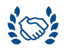 Blue handshake emblem surrounded by laurel branches on a white background