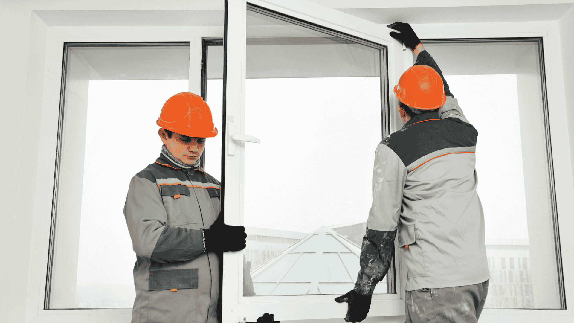 Two construction workers in orange hard hats install a large glass door frame indoors.
