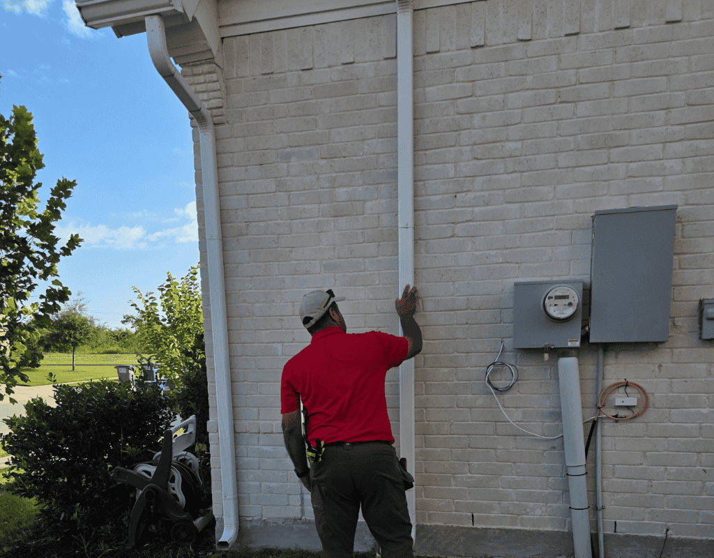 Worker in red shirt inspecting the side of a white brick house near utility meters.