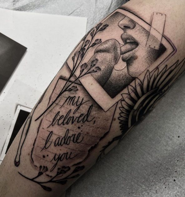 Black-and-gray tattoo of abstract faces, flowers, and the words “my beloved father you”