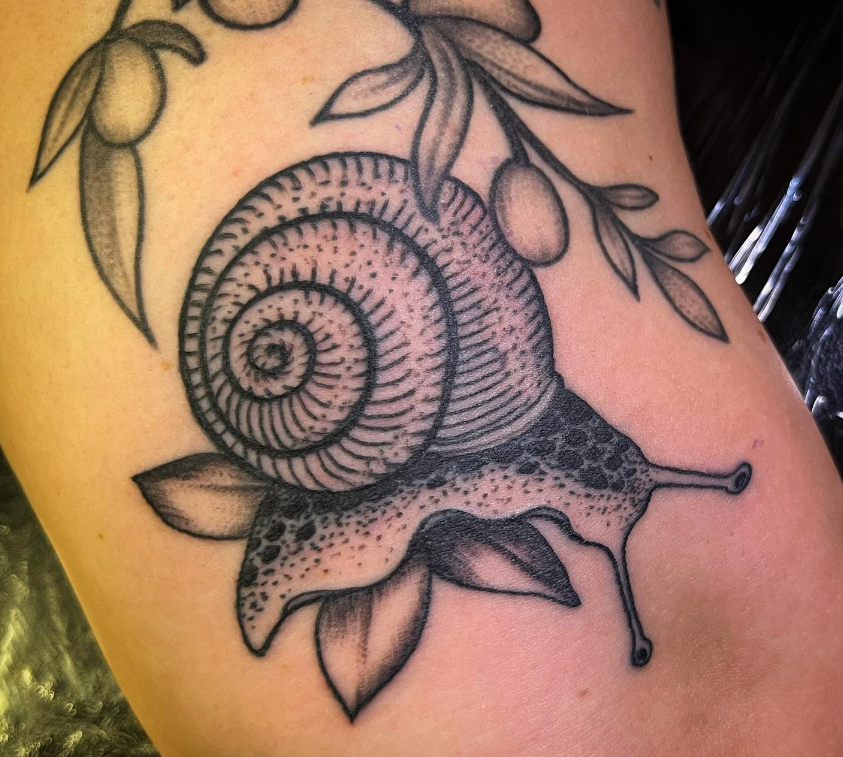 Black snail tattoo with spiral shell and leafy vines on skin