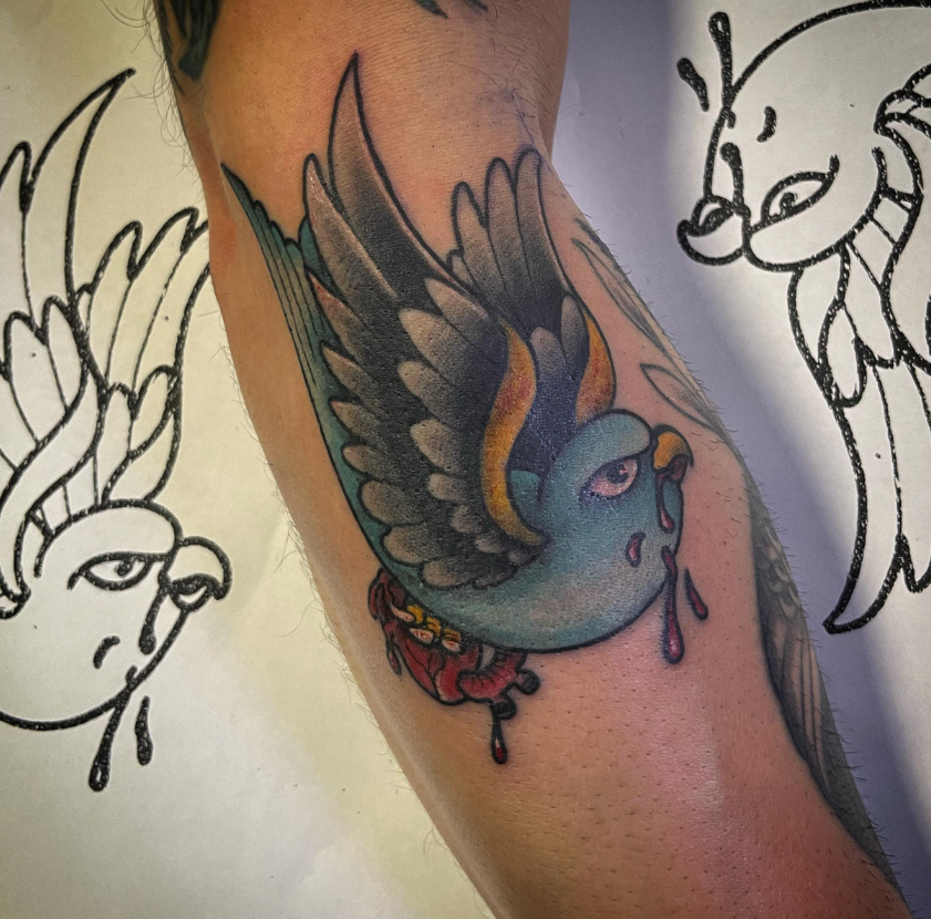 Colorful bird tattoo on a forearm, with two black-and-white bird sketches nearby