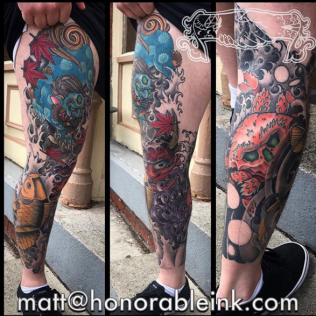 Three views of a colorful full-leg tattoo with skulls, roses, and swirling blue-purple designs
