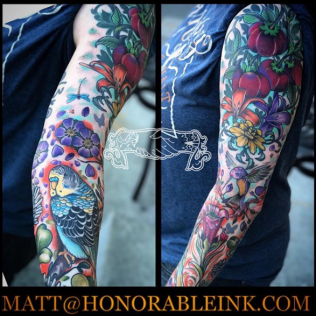 Colorful full-sleeve floral and bird tattoo design on a person's arm, shown in side-by-side views.
