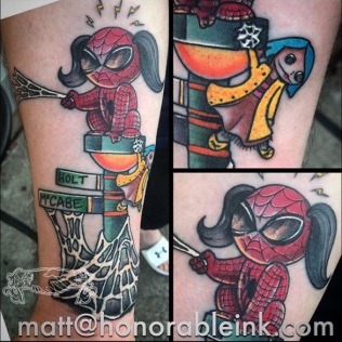Colorful Spider-Man and Dr. Seuss-style character tattoos on a leg, with bright reds, yellows, and blues.