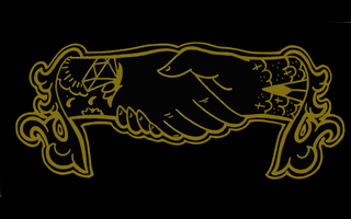 Gold outlined handshake emblem on black background, with decorative scrollwork on both ends
