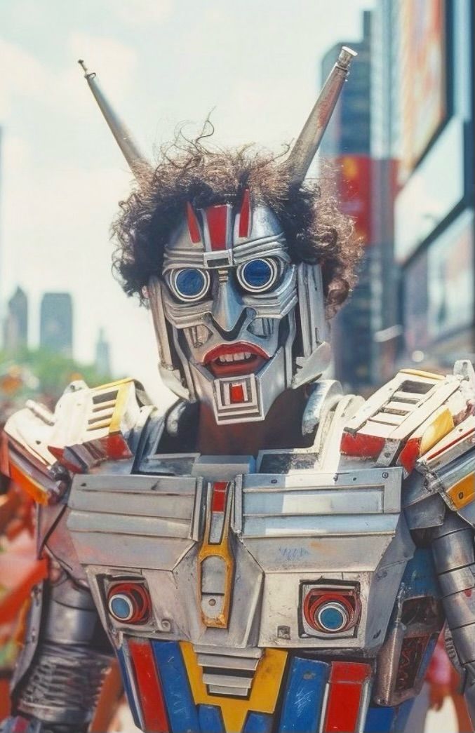 Masked robot performer in metallic armor with blue, red, and white face paint on a city street