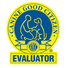 AKC Canine Good Citizen Evaluator badge in blue and gold with dog and person silhouette