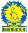 AKC S.T.A.R. Puppy Instructor badge with yellow dog emblem and blue border