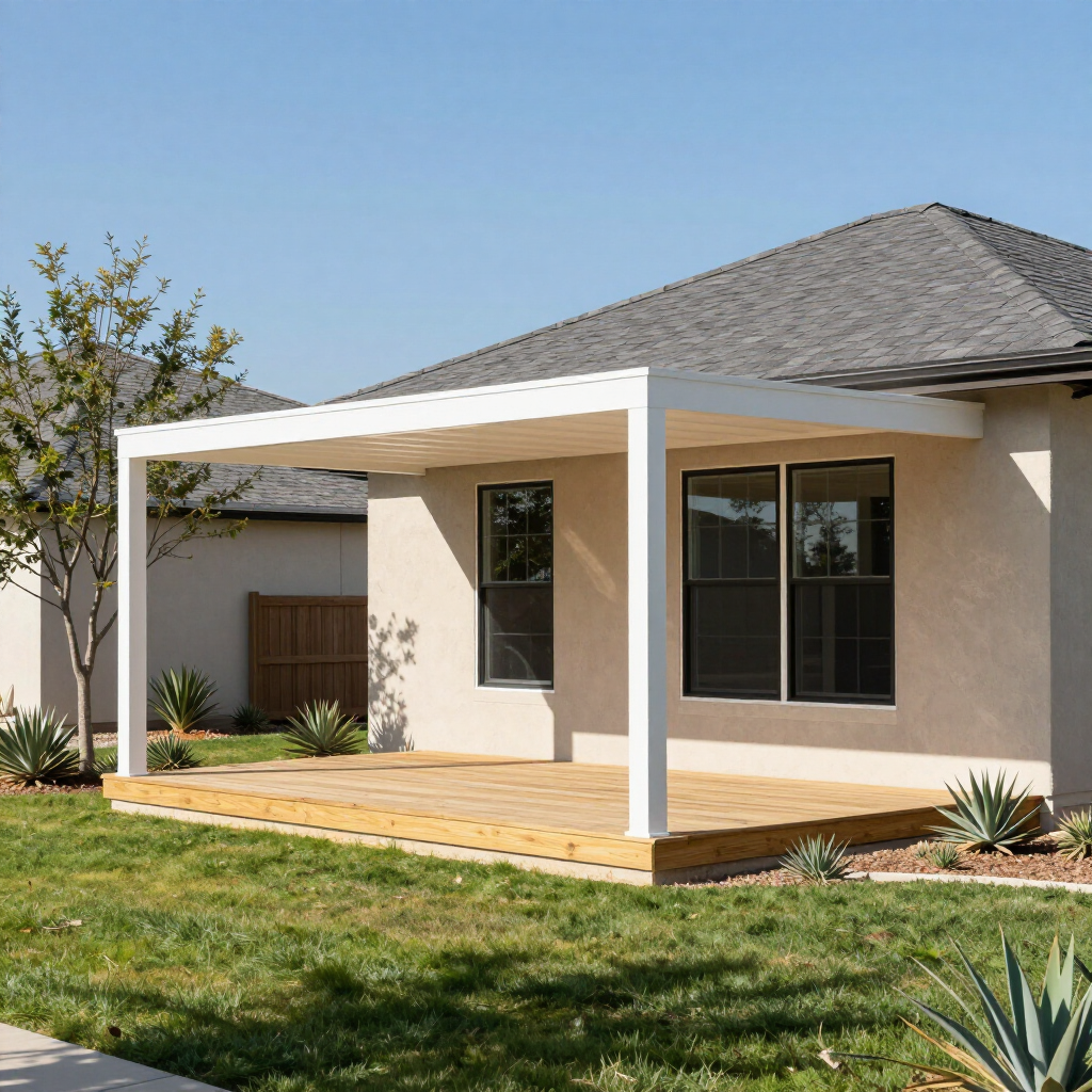 A beige house with a grey shingled roof features a white patio cover over a wooden deck on a sunny day.