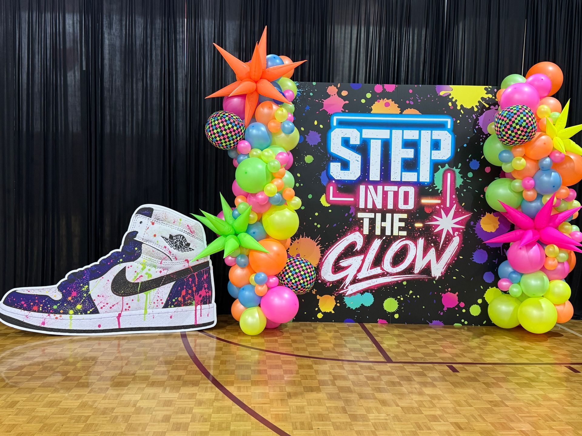 Neon themed birthday balloon backdrop in Peachtree City GA and South Atlanta by Party Divas