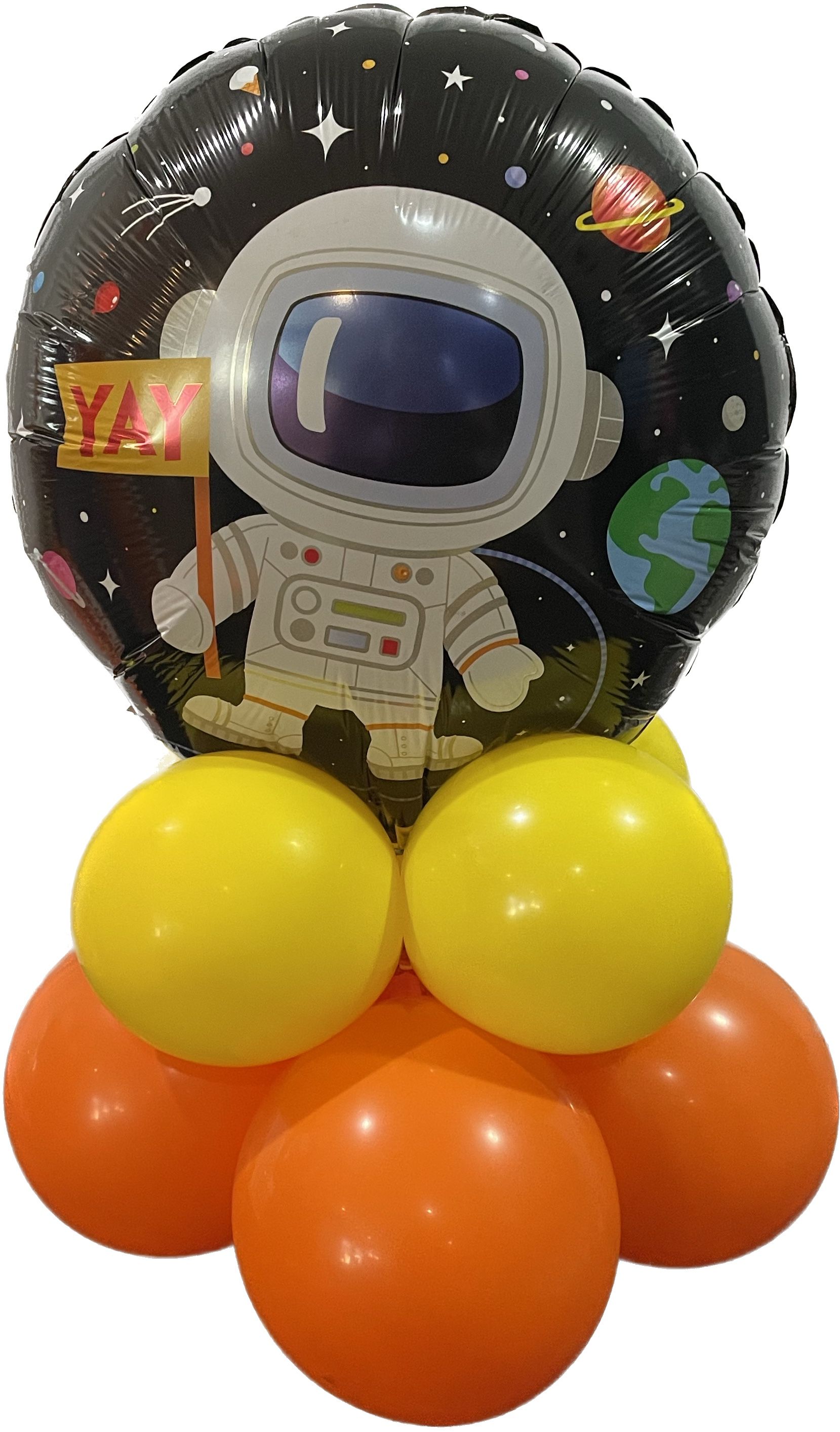 Space themed astronaut foil balloon with stars and planets for outer space birthday party decorations