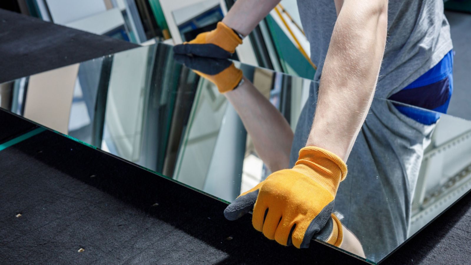 Person wearing orange gloves handling a large mirror on a black surface, likely in a workshop.
