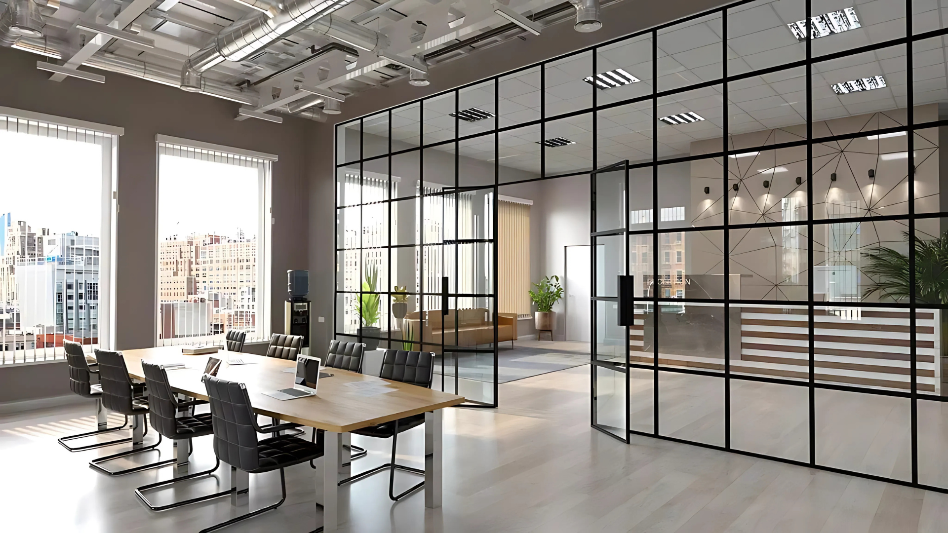 A conference room with a long table and chairs and a glass wall.