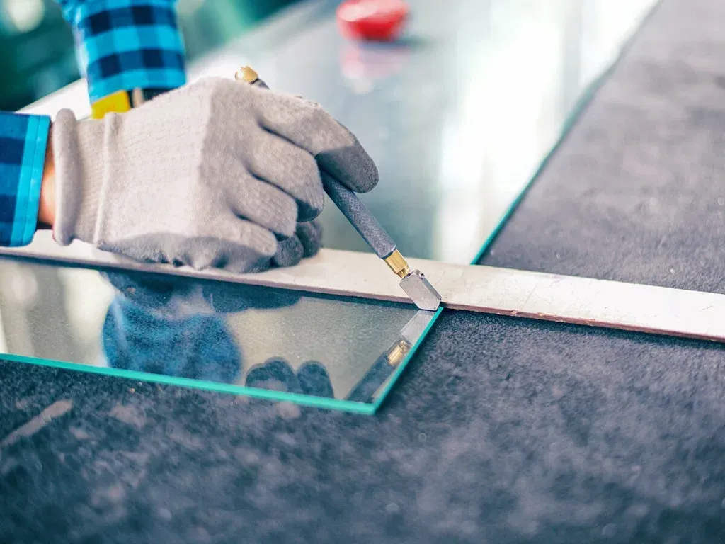 Person in gloves uses a glass cutter to score a piece of glass, guided by a metal straightedge, on a work surface.