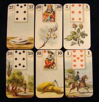 Six Lenormand-style cards with numbered suits and illustrations arranged in a 2x3 grid at Enlightened Life Temple