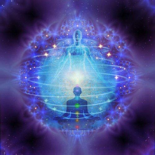 Glowing blue meditating figure with chakra lights beneath a larger ethereal figure in a purple cosmic aura at Enlightened Life Temple