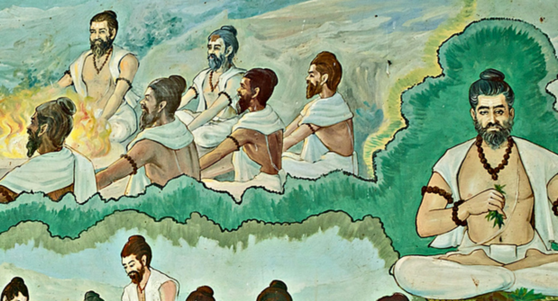 Men in white garments seated in a row before a sage in a green-bordered mural scene at Enlightened Life Temple