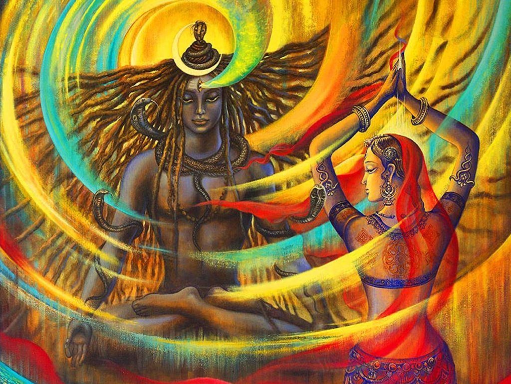 Hindu deity and a woman in red dance amid swirling yellow-orange light and flowing fabric at Enlightened Life Temple
