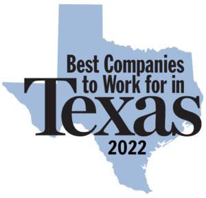 Best Companies to Work for in Texas 2022 logo over a Texas silhouette in blue and black