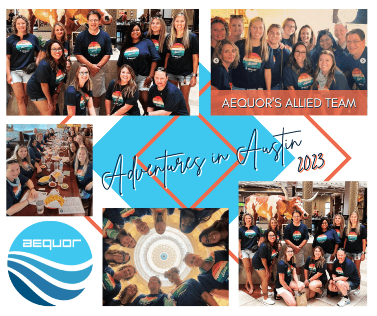 Becour team collage with group photos and “Adventures in Austin 2023” text on a blue and orange background